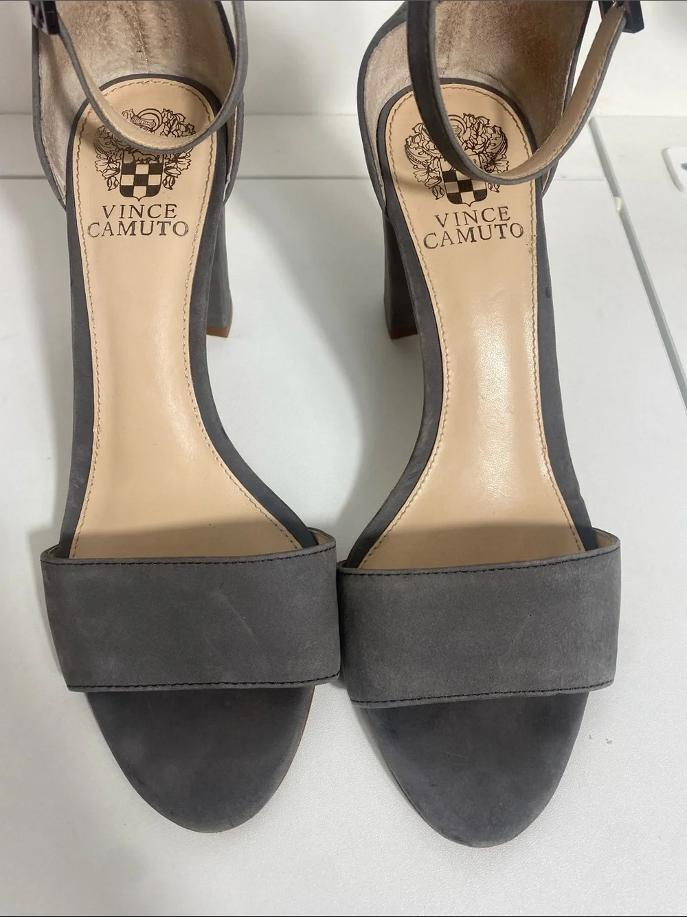 Vince Camuto Charcoal Suede Ankle-Strap Block Heels Size 7.5 M